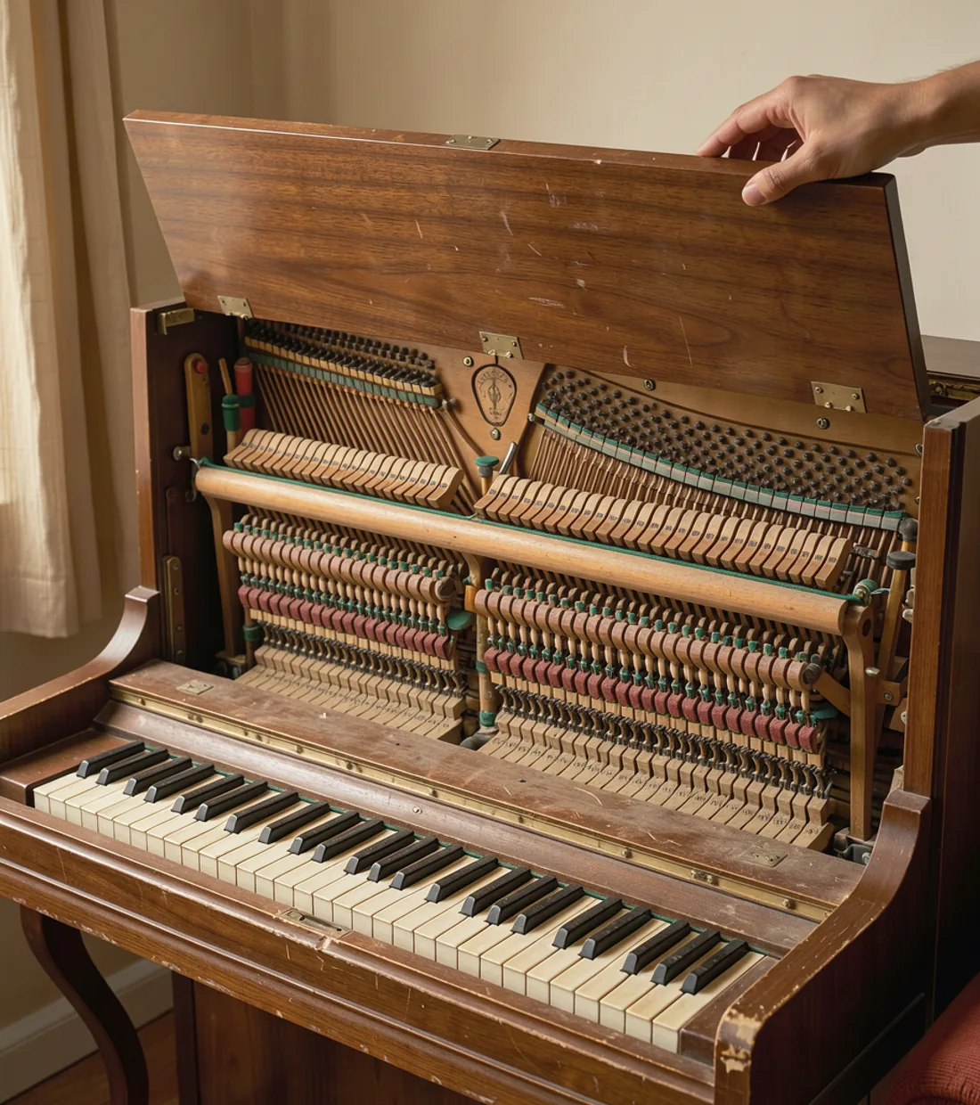 An adult's hand lifts the wooden front of a home upright piano, exposing felt hammers above worn ivory-colored keys.